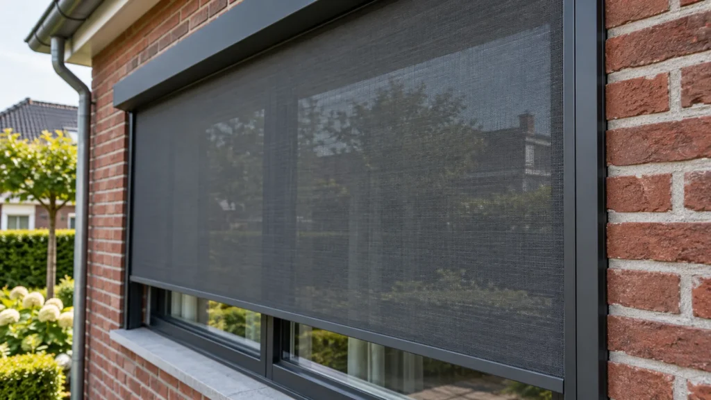 Screens in Utrecht: antraciet ritsscreen voor een raam in een bakstenen gevel