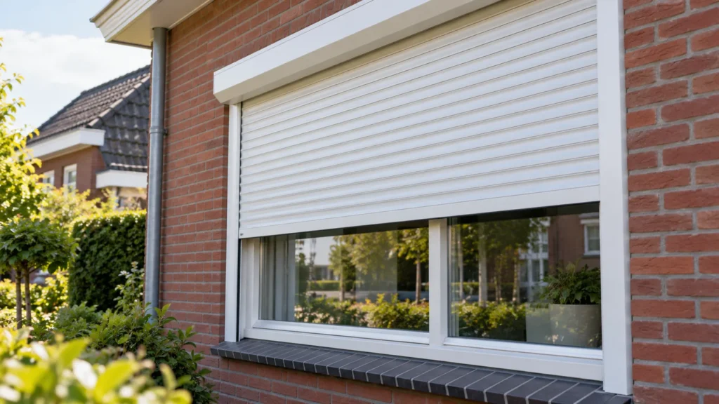 Rolluiken in Utrecht: wit voorzetrolluik aan een bakstenen woning